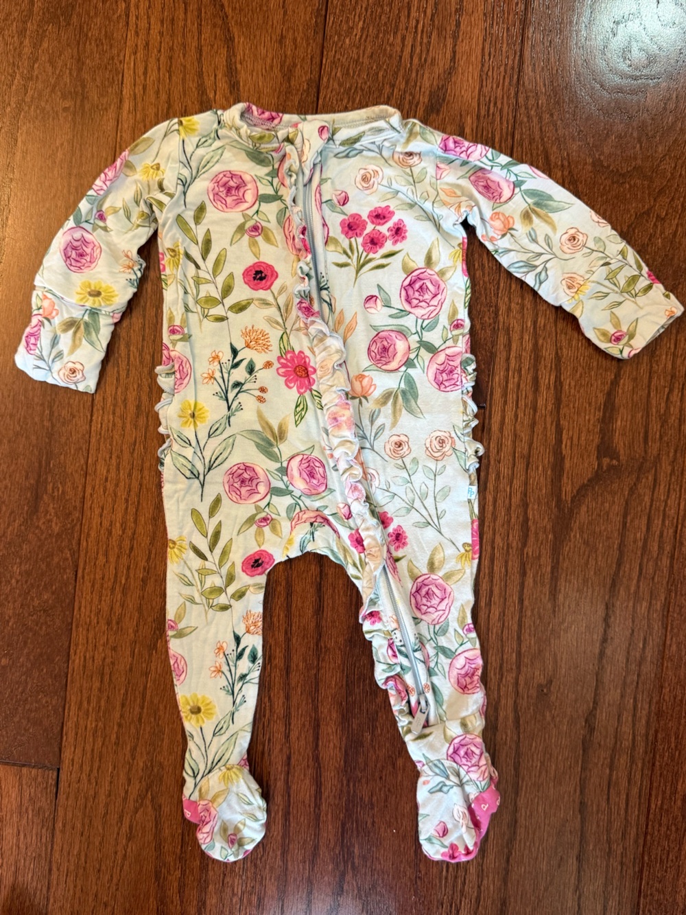 Posh Peanut Floral Ruffle Footed Pajamas - Pink, Green, Yellow